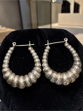 Sterling Silver Ribbed Hoop Earrings - Silver